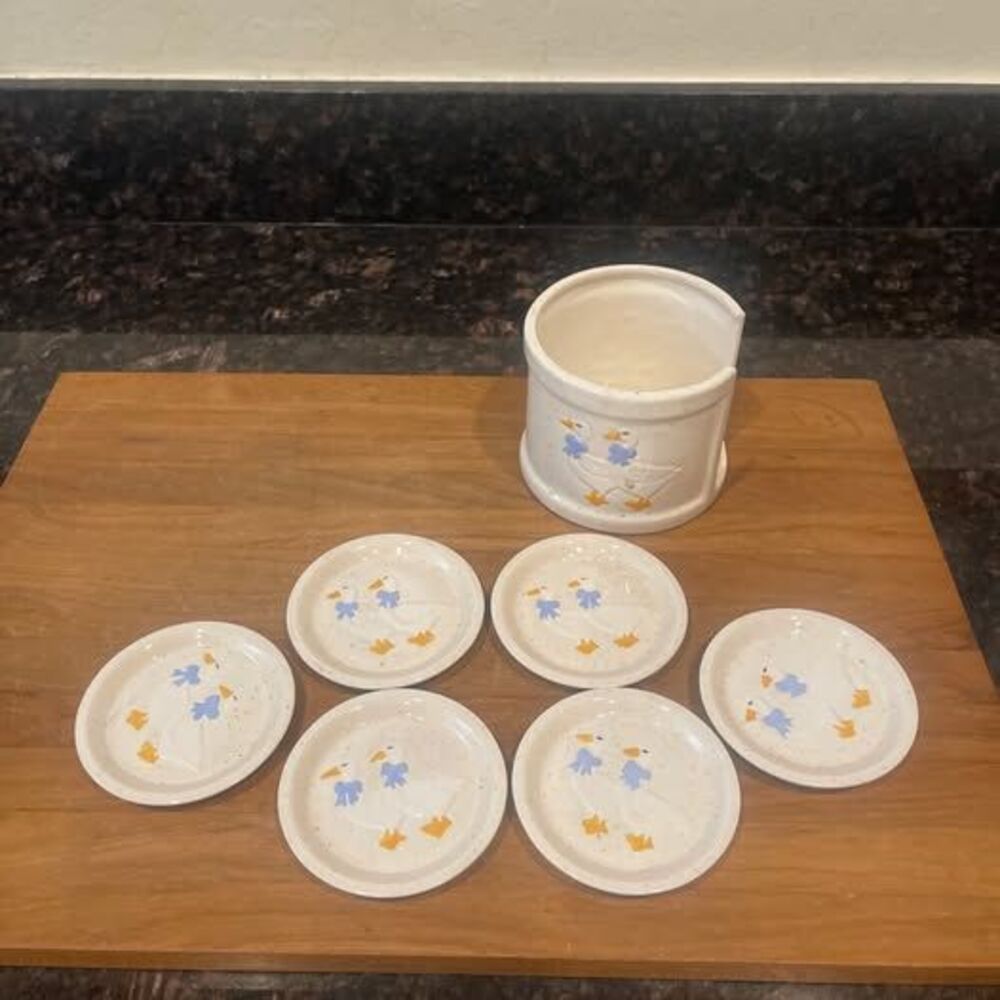 Ceramic Goose Coasters  Set of 6 with Holder